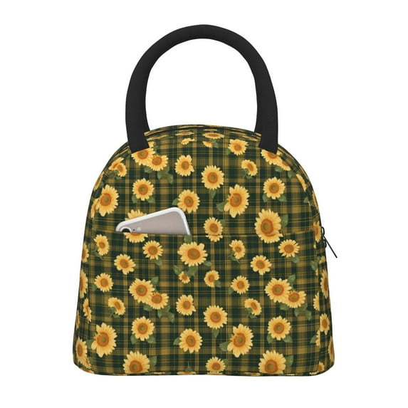 Rateoe Black Ink Green Plaid Sunflower Pattern Lunch Bag Women, Lunch Box, Lunch Bag, Small Leakproof Lunch Tote Large Capacity Reusable Insulated Cooler Lunch Container