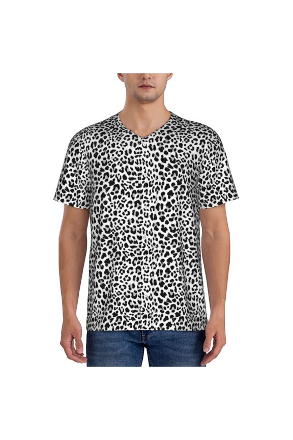 Black Leopard Pattern Men’s Baseball Short Sleeve Polo Shirt, Midweight Men's Shirt Golf Shirt Polo Shirts Quick Dry Short-Large