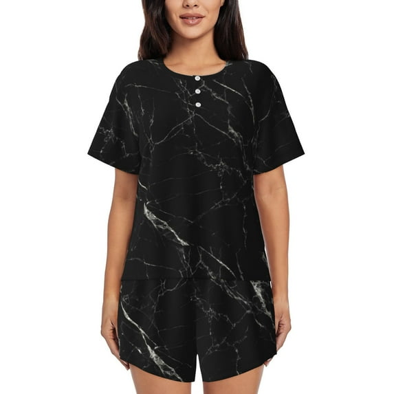 Rateoe Black Marble Texture Abstract Pattern Women's Short-Sleeved Pajama Set - 2 Piece Soft and Lightweight Sleepwear Set-XX-Large