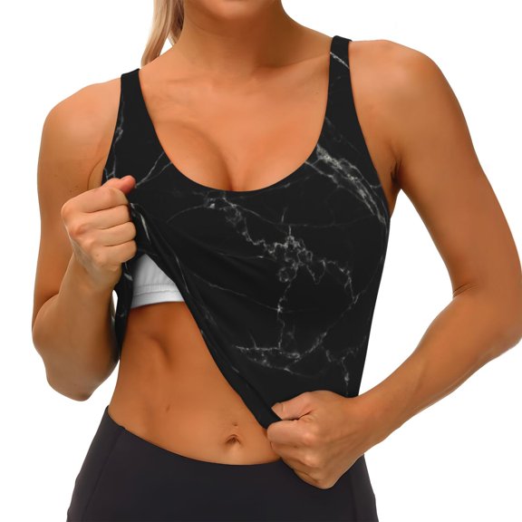 Rateoe Black Marble Texture Abstract Print Womens' Sports Bras Scoop Neck Sports Vest- Padded U Back Seamless High Impact Support