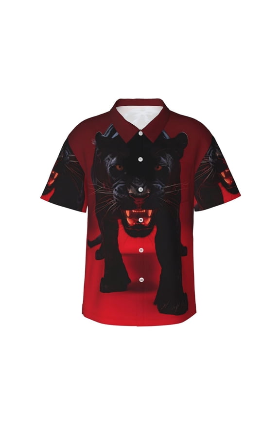 Black Panther Red Background Pattern Men’s Hawaiian Shirt – Short Sleeve Button-Down Tropical Beach Shirt, Lightweight & Breathable Casual Aloha Shirt with Pocket,
