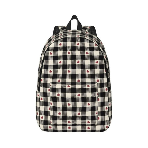 Rateoe Black Plaid Heart Pattern Canvas College Laptop Backpack,Travel Daypack,Durable Rucksack Travel Notebook Bag School Backpack Book Bag for Men Women-Medium