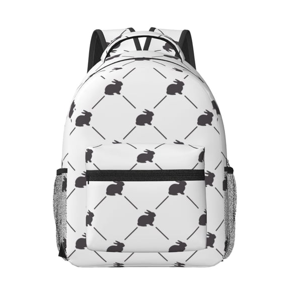 Rateoe Black Rabbit Pattern Durable Student Backpack Laptop Bag- Ergonomic Design, Waterproof Twill Fabric - Ideal for School, Travel, and Outdoor Activities