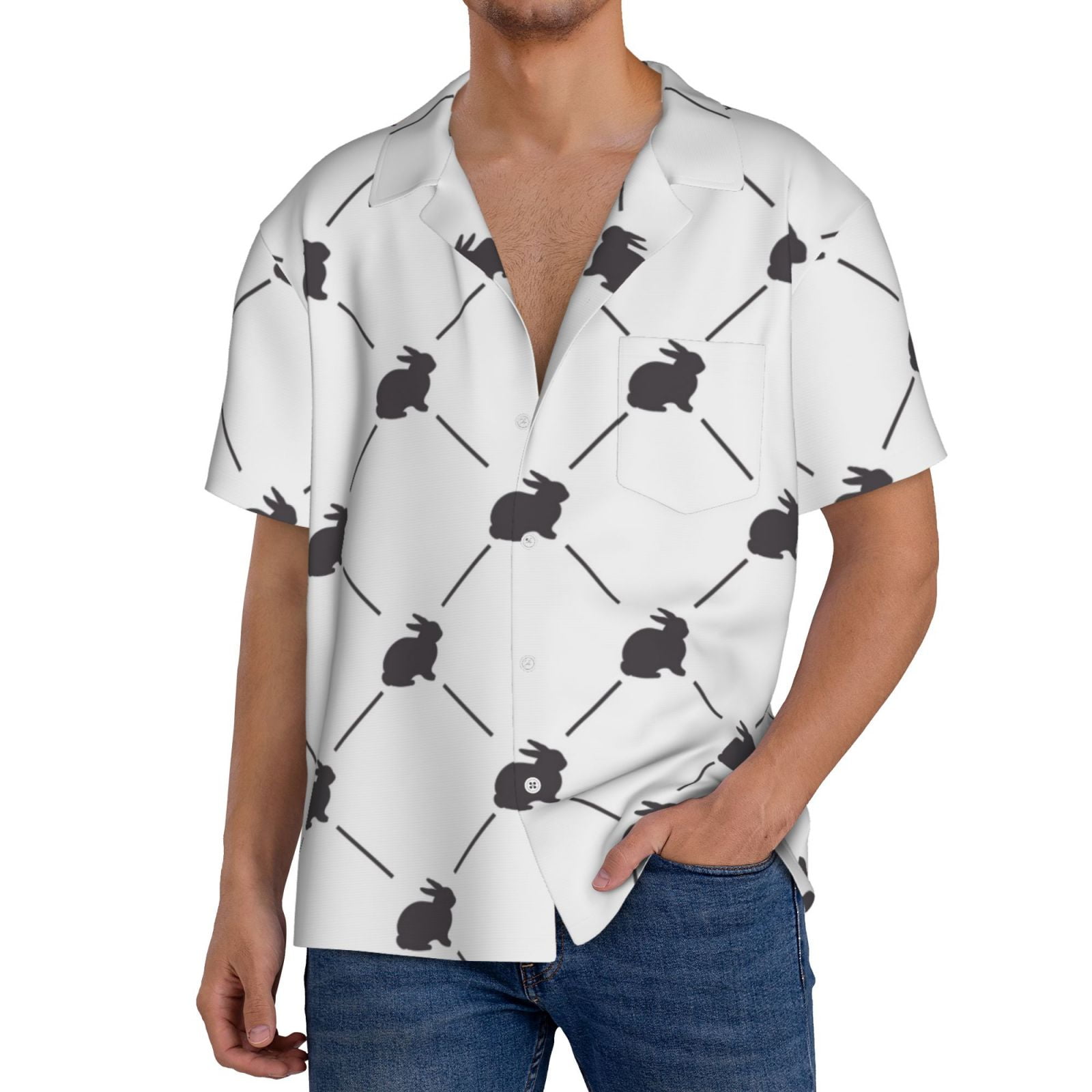 Rateoe Black Rabbit Pattern Men's Short Sleeve Classic Shirt, Casual ...