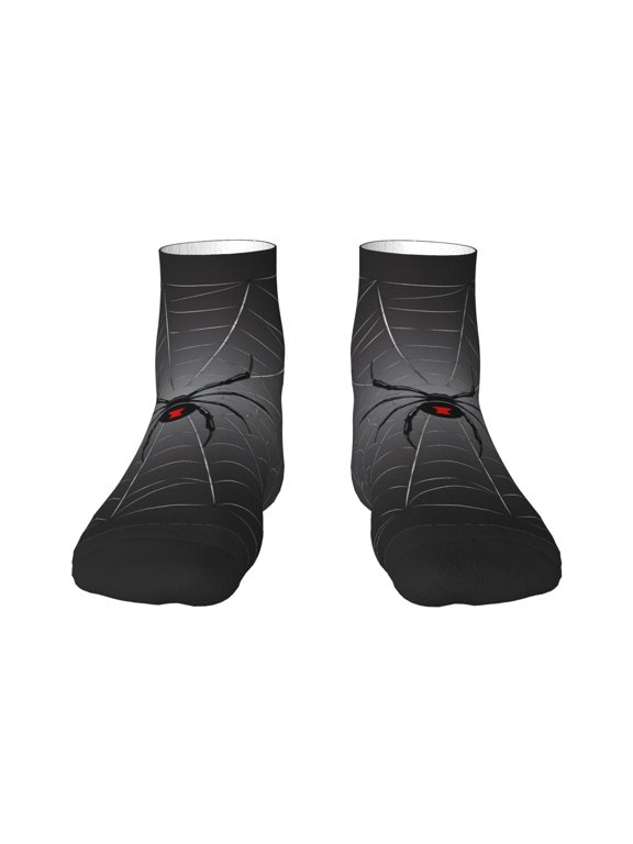 Black Spider On Web Pattern Quarter Crew Socks,Toe Seamed Ankle Socks,Cotton Cushioned Breathable Athletic Crew Sports Socks