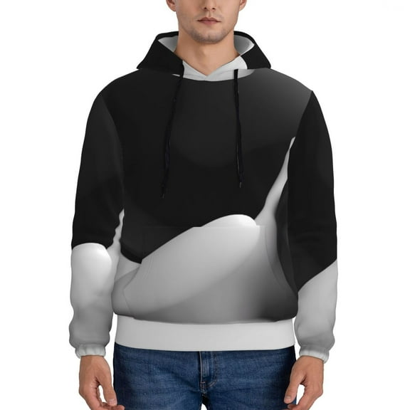 Rateoe Black White Fluid Sculpture Pattern Mens Hoodie, Pullover Hooded Sweatshirt, Kangaroo Pocket Hoodie Ideal for Daily Wear, Travel and Home-X-Large