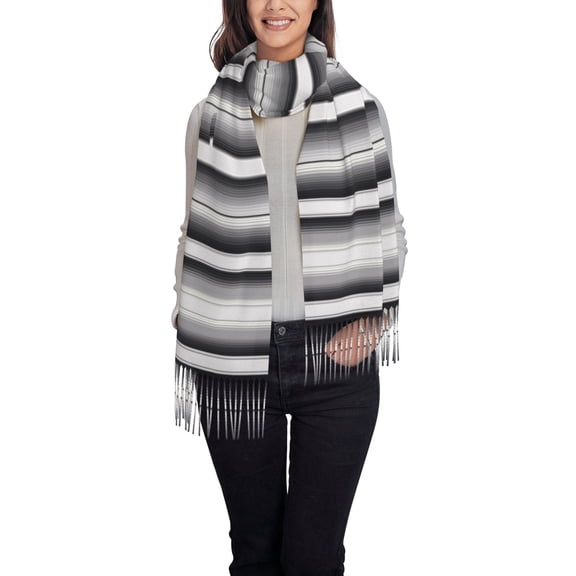 Rateoe Black White Gray Mexican Blanket Serape Stripes Printed Women's Traditional Scarf Wrap Tassel Shawl Fringes Neck Head Shawl Retro Scarf