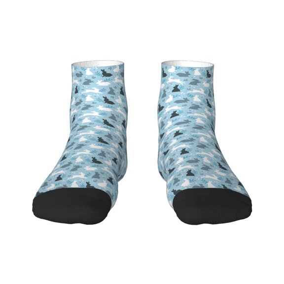 Rateoe Black White Gray Rabbit Pattern Quarter Crew Socks,Toe Seamed Ankle Socks,Cotton Cushioned Breathable Athletic Crew Sports Socks