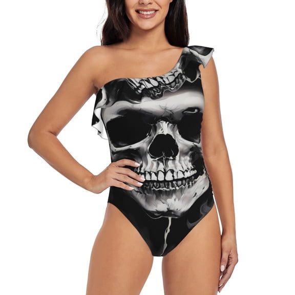Rateoe Black White Hat Skull Pattern Women One Piece Swimsuits Tummy Control One Shoulder Bathing Suits Ruffle Swimwear-