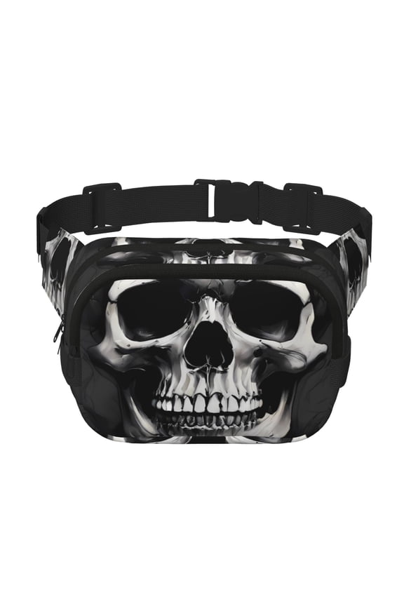 Black White Hat Skull Print Fanny Pack Belt Bag for Women and Men, Square Double-Layer Waterproof Waist Pack with Adjustable Strap for Hiking, Jogging, Cycling