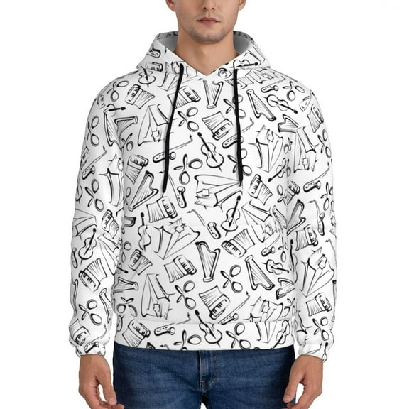 Rateoe Black White Music Pattern Mens Hoodie, Pullover Hooded Sweatshirt, Kangaroo Pocket Hoodie Ideal for Daily Wear, Travel and Home-3X-Large