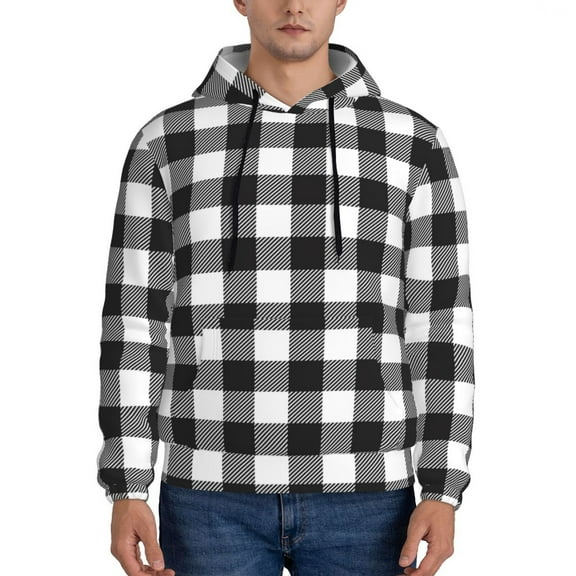 Rateoe Black White Plaid Pattern Mens Hoodie, Pullover Hooded Sweatshirt, Kangaroo Pocket Hoodie Ideal for Daily Wear, Travel and Home-4X-Large