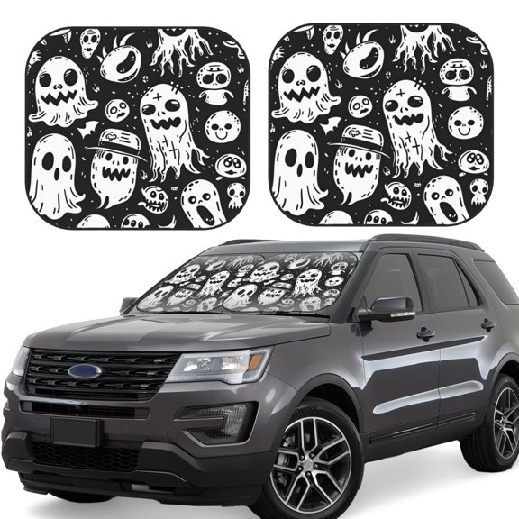 Rateoe Black White Spooky Ghosts Pattern 2 Piece Car Windshield Sun Shade Foldable | Front Windshield Shade for Sun, Heat and UV Rays | Sunshade for Car Front Window-Large