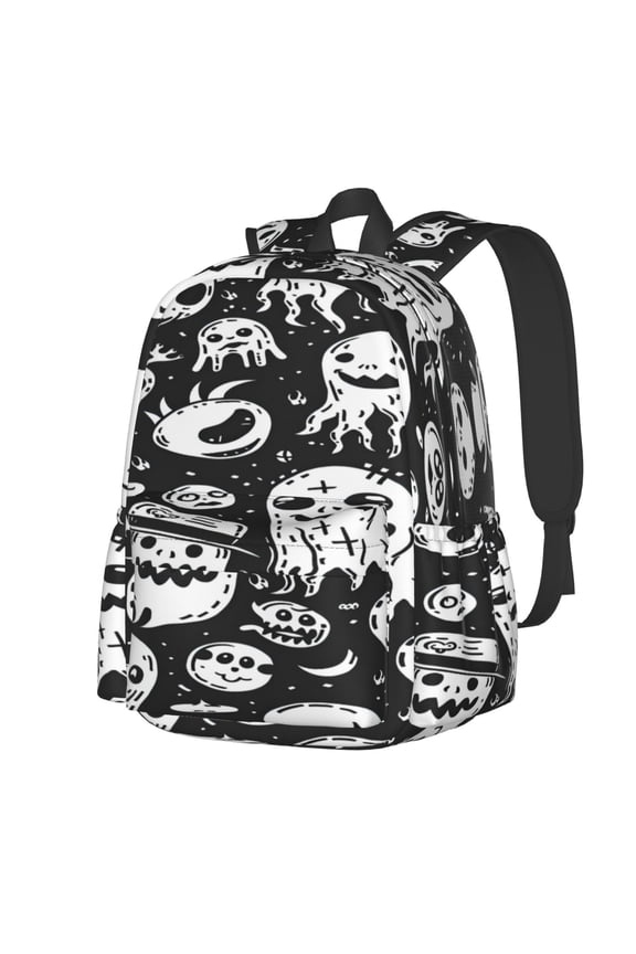 Black White Spooky Ghosts Pattern Student Backpack,Backpack for School,Lightweight Bag,Travel Backpack,Outdoor Backpack,Large Capacity Backpack