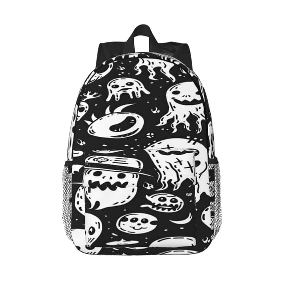 Rateoe Black White Spooky Ghosts Pattern Student Backpack Water-resistant Backpack 15-inch Laptop Backpack Lightweight Adjustable School Backpack