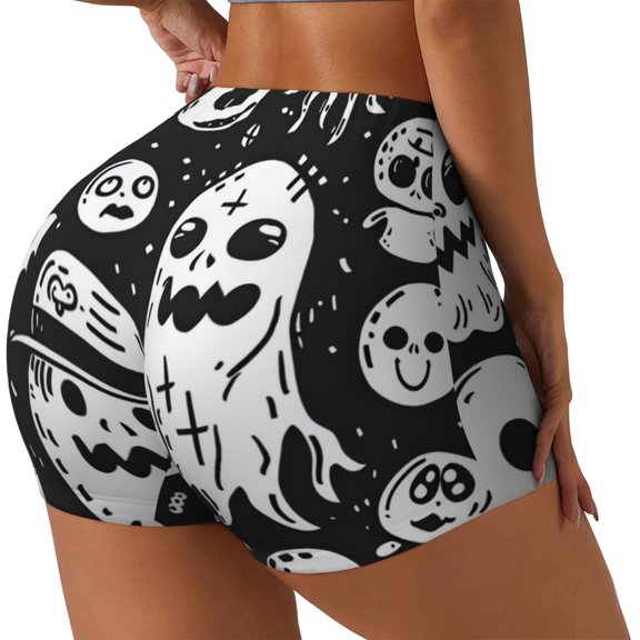 Rateoe Black White Spooky Ghosts Printed Power Workout Shorts for Women Tummy Control Squat Proof Ribbed Thick Seamless Scrunch Active Short-XX-Large