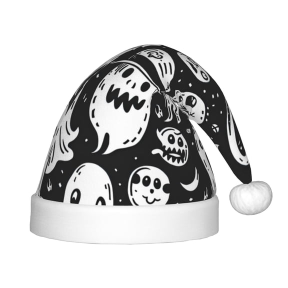 Rateoe Black White Spooky Ghosts Santa Hat Confortable Christmas Hat for Christmas Party Favors Fit for Kids