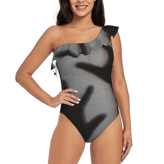 Rateoe Bloody Hand Behind Pattern Women One Piece Swimsuits Tummy Control One Shoulder Bathing Suits Ruffle Swimwear-XX-Large