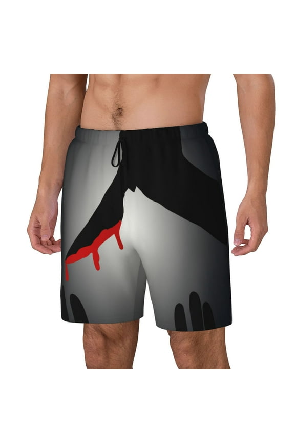 A Bloody Knife In His Hand Pattern Men’s Swim Shorts with Compression Liner – Double-Layered Quick-Dry Swimwear, Comfortable & Stretchy Beach Shorts-Large