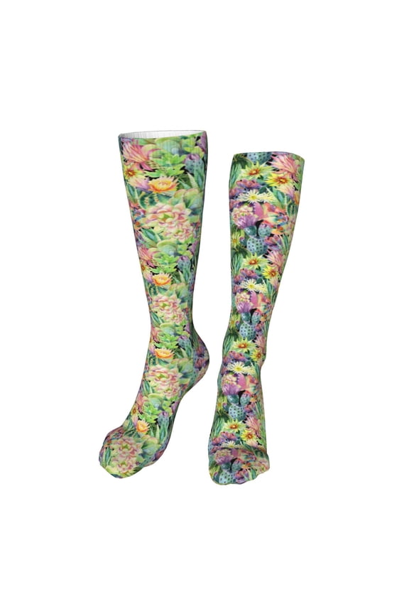 Blooming Cactus print Women's Men's Novelty 20in Crew Socks Cotton Socks Knee High Socks for Walking,Running,Nurses,Pregnancy-One Size