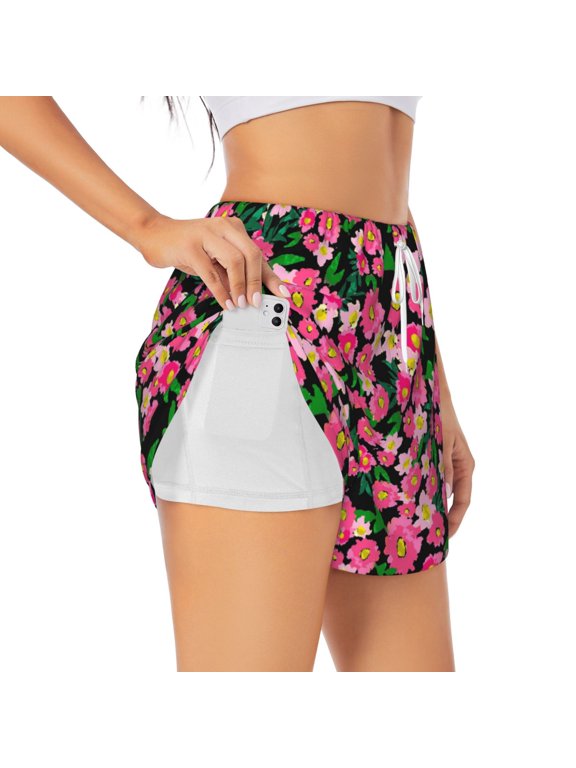 Blooming Meadow Printed 2 in 1 Women's Workout Shorts for Athletic Gym Running Shorts with Phone Pockets-X-Large