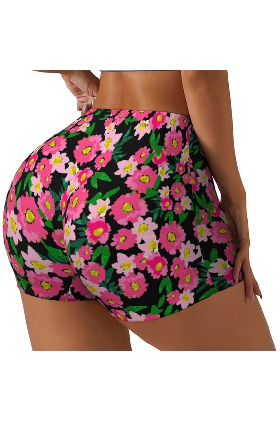 Blooming Meadow Printed Power Workout Shorts for Women Tummy Control Squat Proof Ribbed Thick Seamless Scrunch Active Short-Large