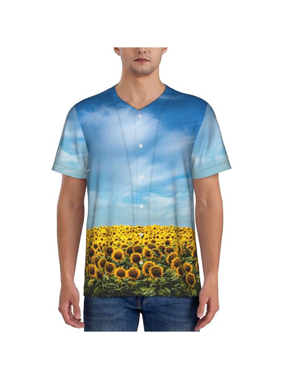Blooming Sunflower Field Pattern Mens Baseball Short Sleeve Polo Shirt, Midweight Men's Shirt Golf Shirt Polo Shirts Quick Dry Short-X-Large