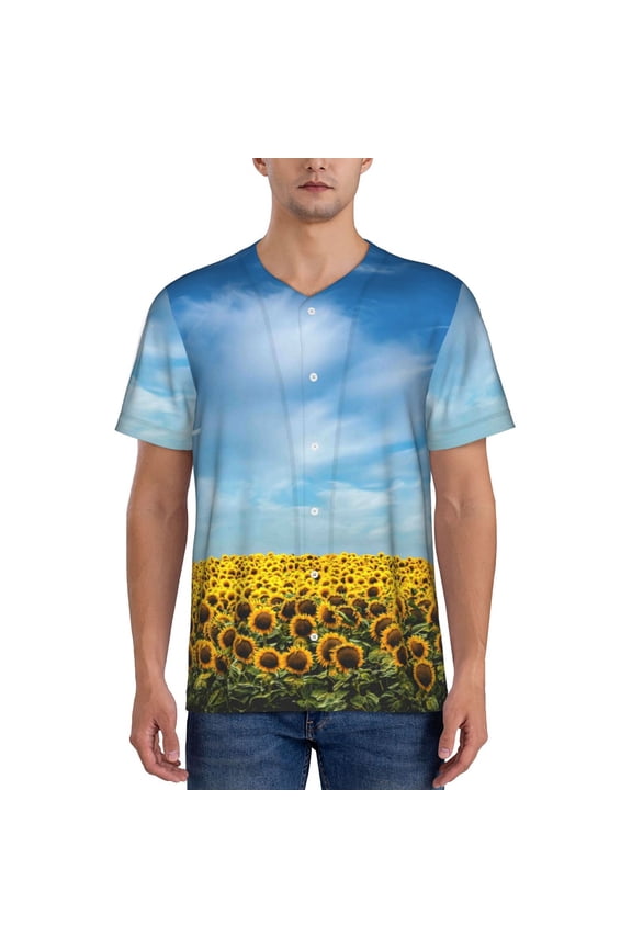 Blooming Sunflower Field Pattern Men’s Baseball Short Sleeve Polo Shirt, Midweight Men's Shirt Golf Shirt Polo Shirts Quick Dry Short-X-Large