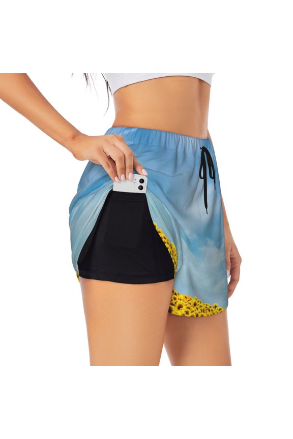 Blooming Sunflower Field Printed 2 in 1 Women's Workout Shorts for Athletic Gym Running Shorts with Phone Pockets-X-Large