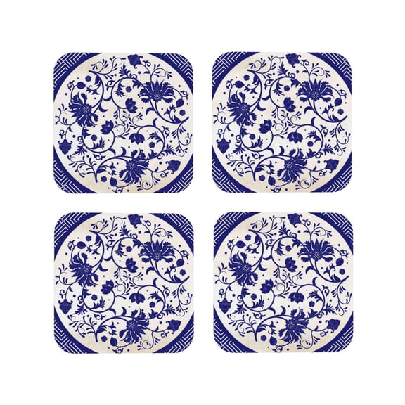 Rateoe Blue And White Porcelain Pattern Drawing Drink Coasters Set of 4 Leather Coasters Spill Protection for Table Desk,Durable and Non Slip Leather Coaster ,4 Inches Drink Mats-Square