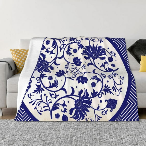 Rateoe Blue And White Porcelain Pattern Pattern Flannel Throw Blanket, Ultra-soft Blanket for Bed, Couch, Car, Hypoallergenic Anti-pilling blanket-