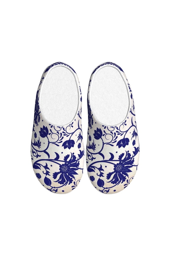 Blue And White Porcelain Pattern Print Women's Men's Cotton Knit Slippers Lightweight Memory Foam Indoor House Shoes with Anti-Skid Sole-44/45