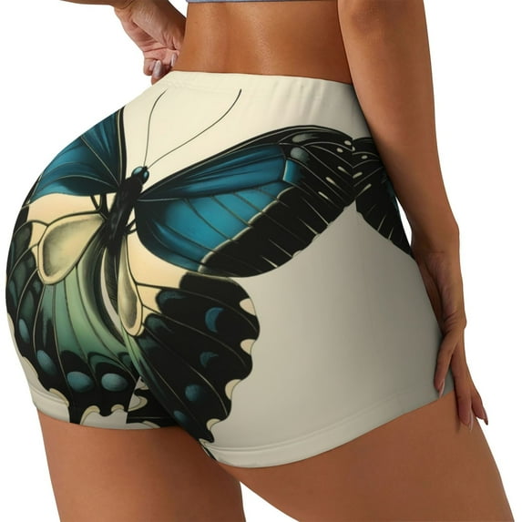 Rateoe Blue Black Butterfly Art Printed Power Workout Shorts for Women Tummy Control Squat Proof Ribbed Thick Seamless Scrunch Active Short-X-Large