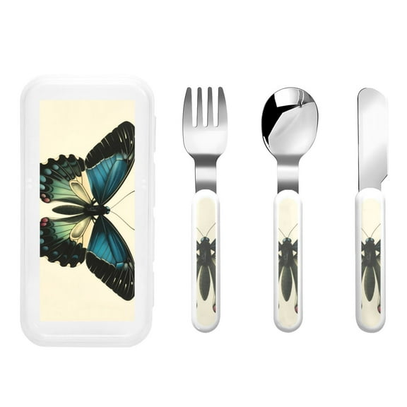 Rateoe Blue Black Butterfly Art for Stainless Steel Kids Silverware Set - Child and Toddler Safe Flatware - Children's Knife, Fork And Spoon Set