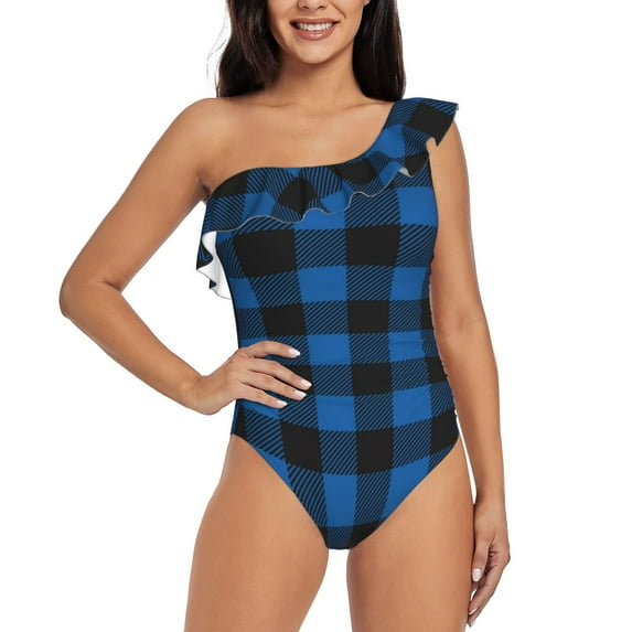 Rateoe Blue Black Plaid Pattern Women One Piece Swimsuits Tummy Control One Shoulder Bathing Suits Ruffle Swimwear-Large