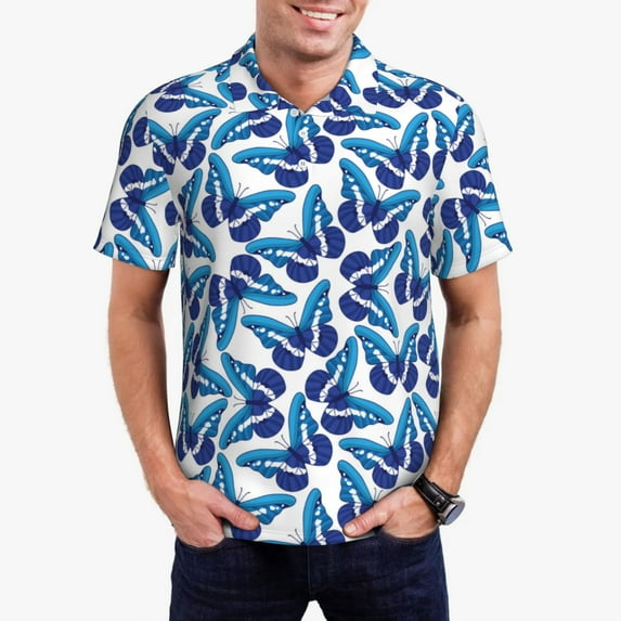 Rateoe Blue Butterflies Pattern Men's Short Sleeve Polo Shirts, Golf Polo Shirts Short Sleeve Performance Moisture Wicking Dry-3X-Large