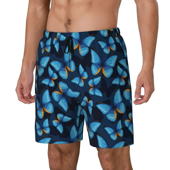 Rateoe Blue Butterfly Pattern Men’s Swim Shorts with Compression Liner – Double-Layered Quick-Dry Swimwear, Comfortable & Stretchy Beach Shorts-3X-Large