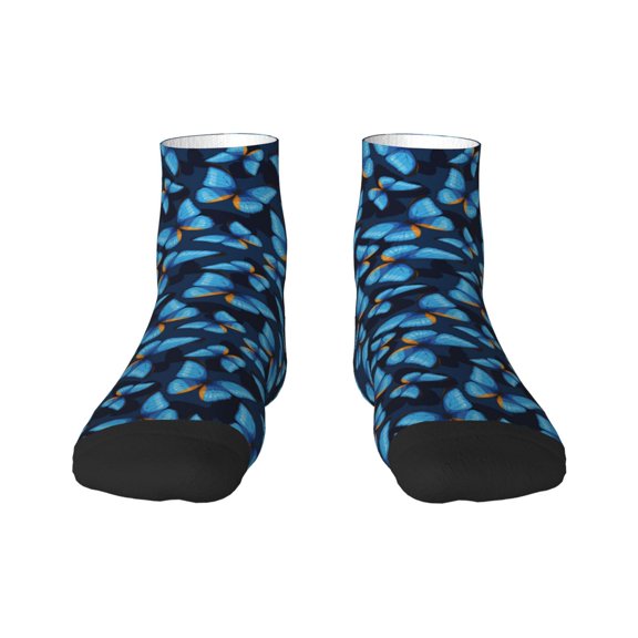 Rateoe Blue Butterfly Pattern Quarter Crew Socks,Toe Seamed Ankle Socks,Cotton Cushioned Breathable Athletic Crew Sports Socks