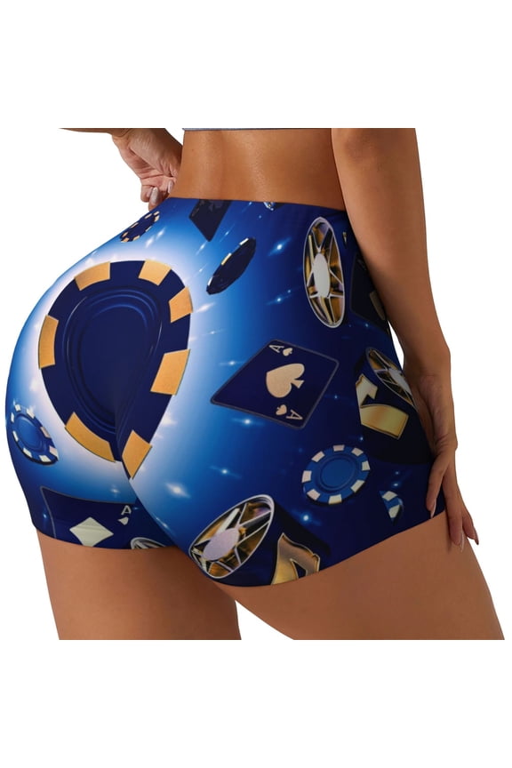 Blue Casino Printed Power Workout Shorts for Women Tummy Control Squat Proof Ribbed Thick Seamless Scrunch Active Short-X-Large