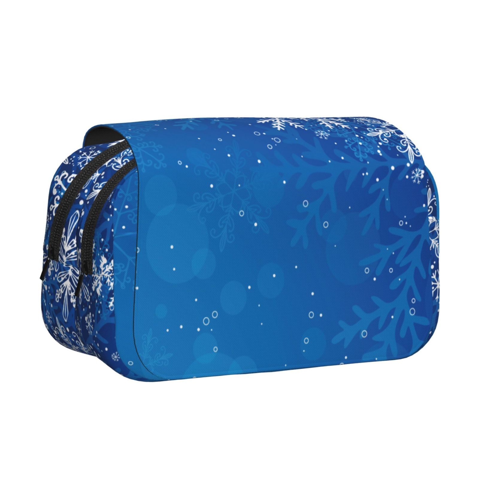 Rateoe Blue Christmas With Snowflakes Pattern Double Clamshell Pen Case, Storage Organizer with Two Zipper Compartments– Holds Up to 50 Pencils & Pens