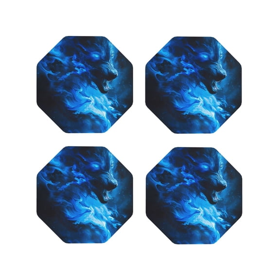 Rateoe Blue Fire Cool Wolf Drawing Drink Coasters Set of 4 Leather Coasters Spill Protection for Table Desk,Durable and Non Slip Leather Coaster ,4 Inches Drink Mats-Octagon
