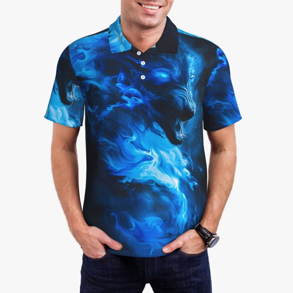 Rateoe Blue Fire Cool Wolf Pattern Men's Short Sleeve Polo Shirts, Golf Polo Shirts Short Sleeve Performance Moisture Wicking Dry-X-Large