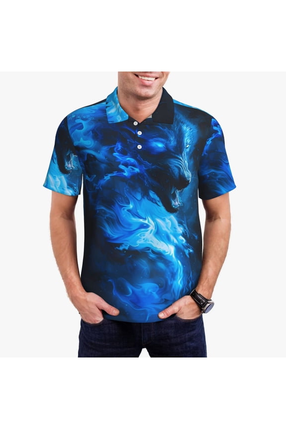 Blue Fire Cool Wolf Pattern Men's Short Sleeve Polo Shirts, Golf Polo Shirts Short Sleeve Performance Moisture Wicking Dry-X-Large