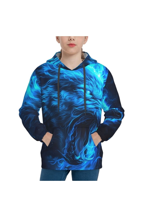 Blue Fire Wolf Pattern Boys Hoodie, Youth Pullover Hooded Sweatshirt, Kangaroo Pocket Hoodie for Kids-Small