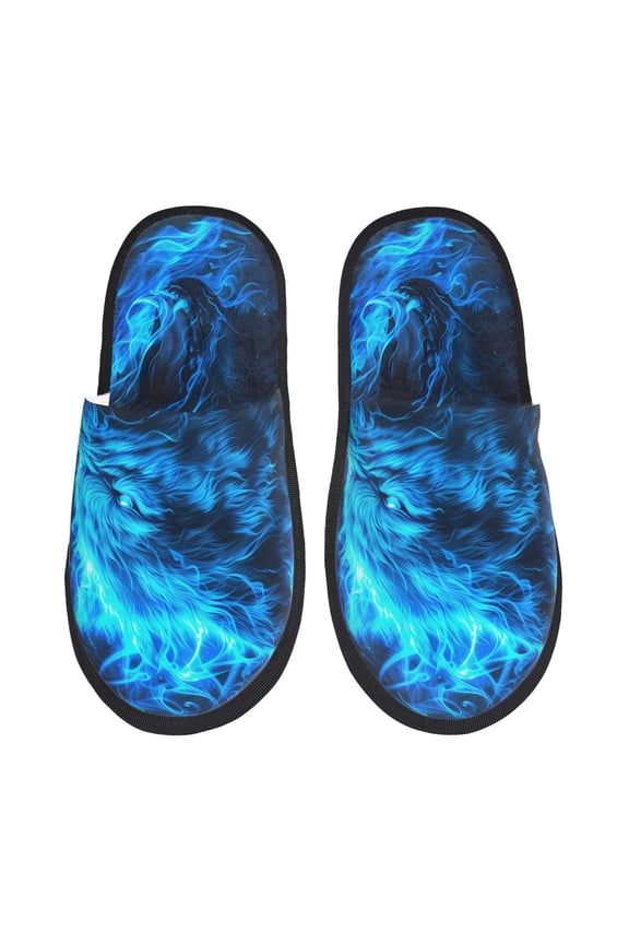 Blue Fire Wolf Pattern Fuzzy Slippers Fuzzy Soft House Slippers Plush Furry Warm Cozy Open Toe Fluffy Home Shoes-Large