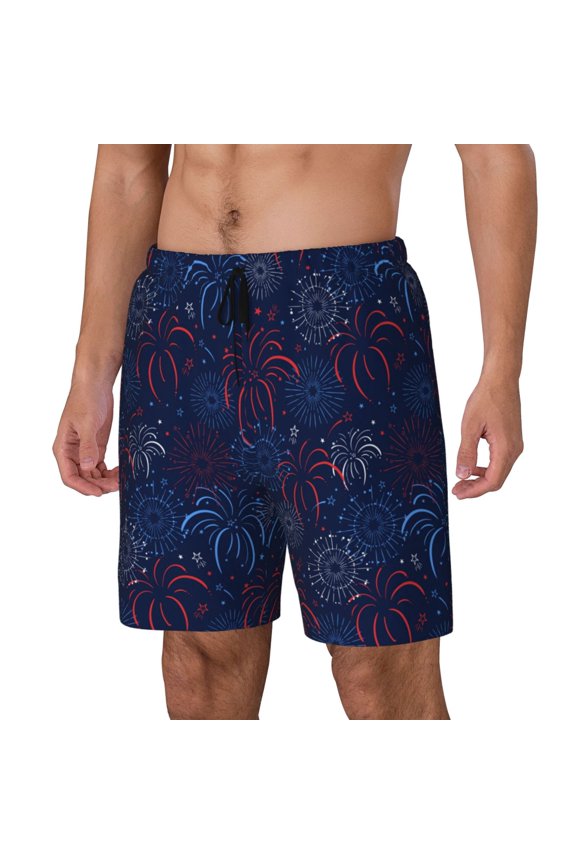 Blue Firework Pattern Men’s Swim Shorts with Compression Liner – Double-Layered Quick-Dry Swimwear, Comfortable & Stretchy Beach Shorts-X-Large