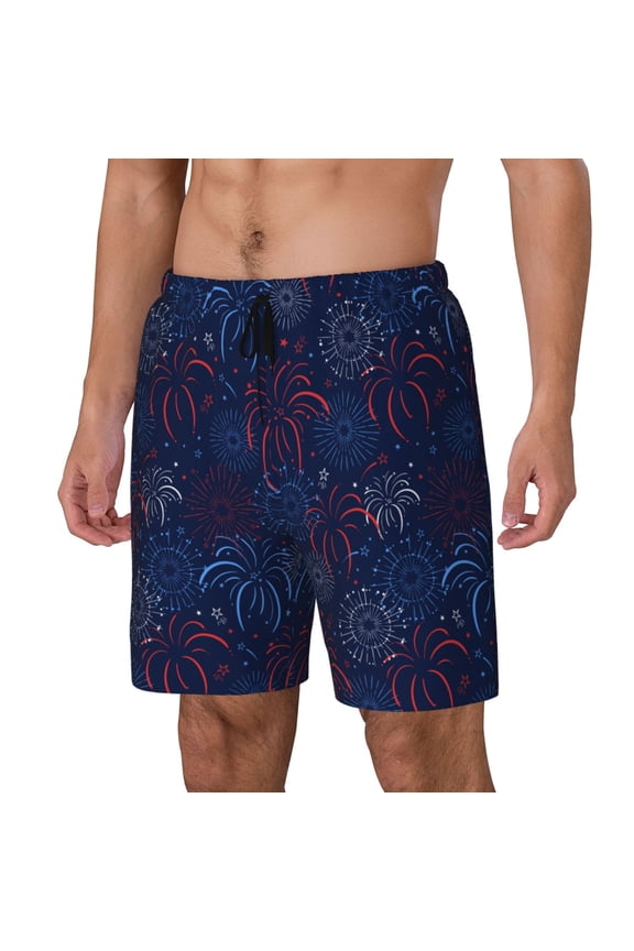 Blue Firework Pattern Men’s Swim Shorts with Compression Liner – Double-Layered Quick-Dry Swimwear, Comfortable & Stretchy Beach Shorts-Large