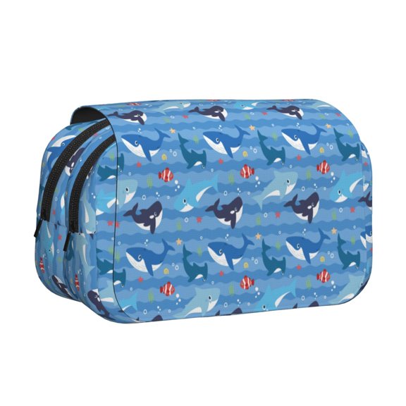 Rateoe Blue Fish Pattern Double Clamshell Pen Case, Storage Organizer with Two Zipper Compartments Holds Up to 50 Pencils & Pens