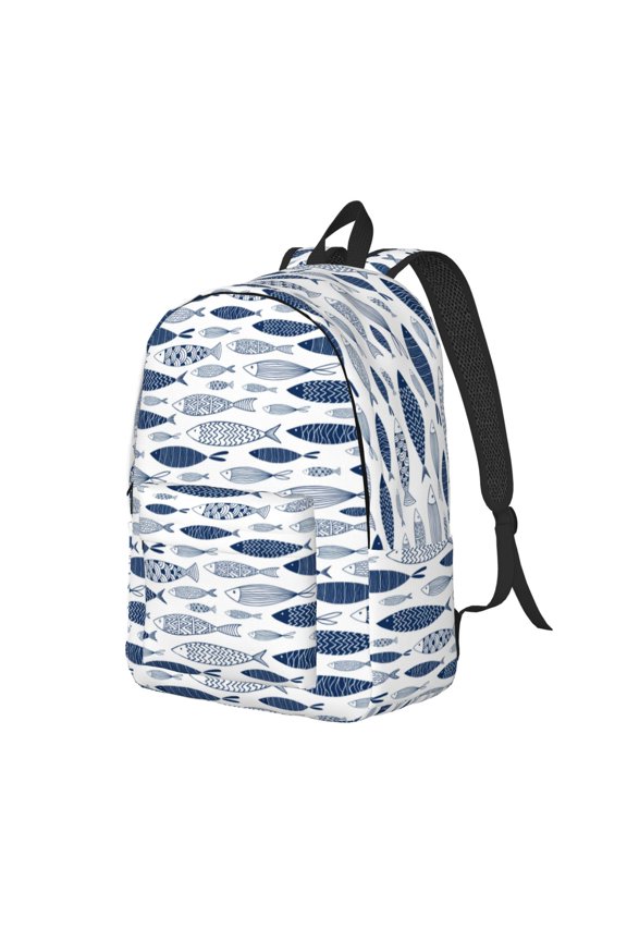 Blue Fish Pattern Durable Canvas Backpack for Men & Women – Stylish & Lightweight – Adjustable Straps, Multiple Pockets – Fits 15-17 Inch LaptopsMedium