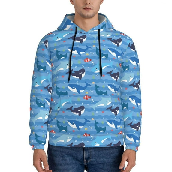 Rateoe Blue Fish Pattern Mens Hoodie, Pullover Hooded Sweatshirt, Kangaroo Pocket Hoodie Ideal for Daily Wear, Travel and Home-Small